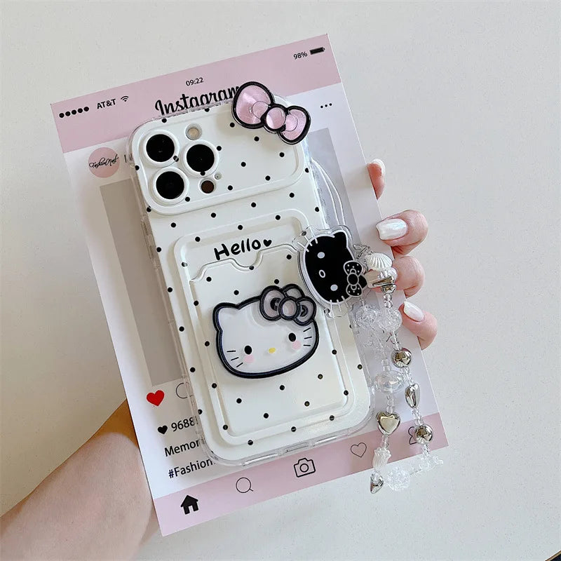 Kawaii Polka Dot Hello Kitty Bowknot Card Slot Bag Holder Phone Case For iPhone 13 15 16 14 Pro Max With Chain Anti-drop Cover