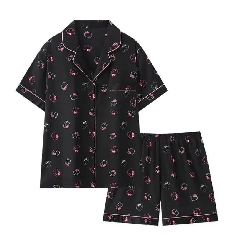 Hello Kittys New Style Ice Silk Short Sleeve Pajamas Fashion Girl Student Sanrio Summer Cartoon Outdoor Wear Home Clothes Suit
