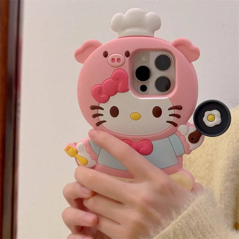3D Kawaii Cute Cartoon Hello Kitty Chef Phone Case For iPhone 16 15 14 13 12 Pro Max Silicone Soft Shockproof Protective Cover