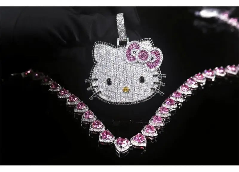 Hello Kitty Full Diamond Pendant Light Luxury Necklace Niche Design Collarbone Chain Couple Cuban Chain Gifts Shiny Decoration