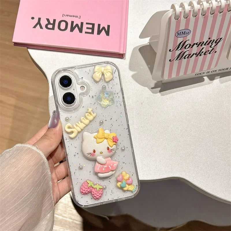3D Cartoon Strawberry Hello Kitty Bowknot Drop Glue Glitter Phone Case For iPhone 17 Air 16 15 14 13 Pro Max Shockproof Cover