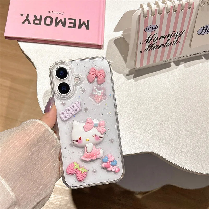 3D Cartoon Strawberry Hello Kitty Bowknot Drop Glue Glitter Phone Case For iPhone 17 Air 16 15 14 13 Pro Max Shockproof Cover