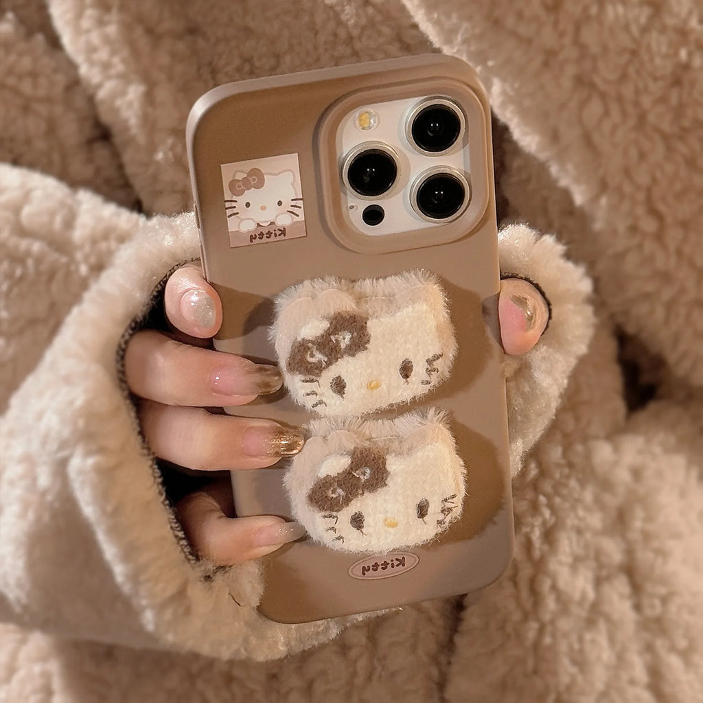 3D Plush Cartoon Hello Kitty Phone Case For iPhone 17 16 15 14 13 12 Pro Max With Hairball Bracelet Shockproof Protective Cover