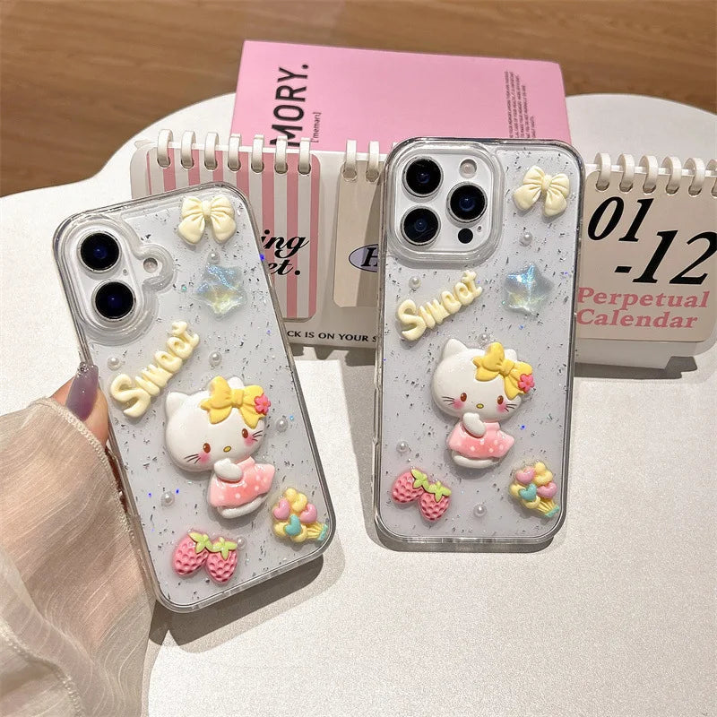 3D Cartoon Strawberry Hello Kitty Bowknot Drop Glue Glitter Phone Case For iPhone 17 Air 16 15 14 13 Pro Max Shockproof Cover