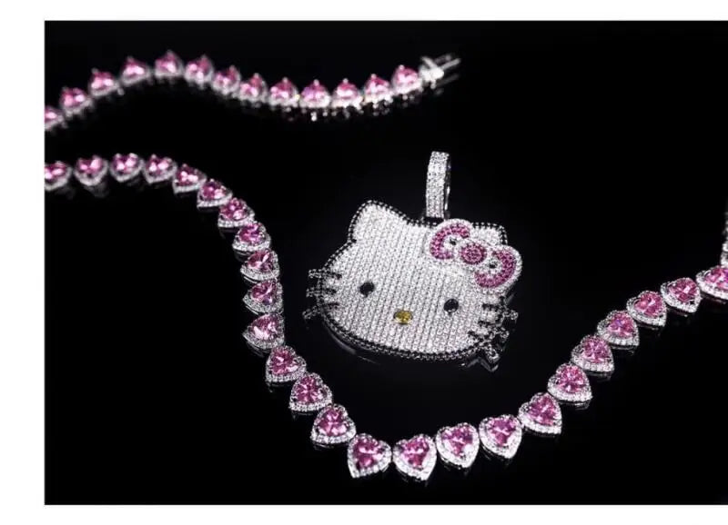 Hello Kitty Full Diamond Pendant Light Luxury Necklace Niche Design Collarbone Chain Couple Cuban Chain Gifts Shiny Decoration