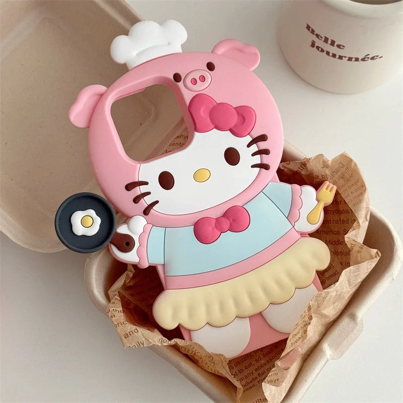 3D Kawaii Cute Cartoon Hello Kitty Chef Phone Case For iPhone 16 15 14 13 12 Pro Max Silicone Soft Shockproof Protective Cover