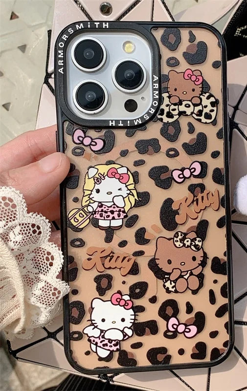 Cute Hello Kitty Leopard KT Magsafe Wireless Charge Case For iPhone 11 12 13 14 15 16 Pro Max Angel wings Bow KT Magnetic Holder