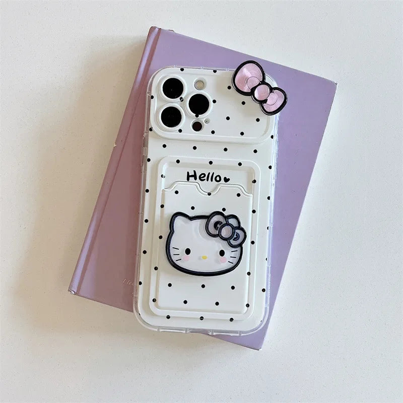 Kawaii Polka Dot Hello Kitty Bowknot Card Slot Bag Holder Phone Case For iPhone 13 15 16 14 Pro Max With Chain Anti-drop Cover