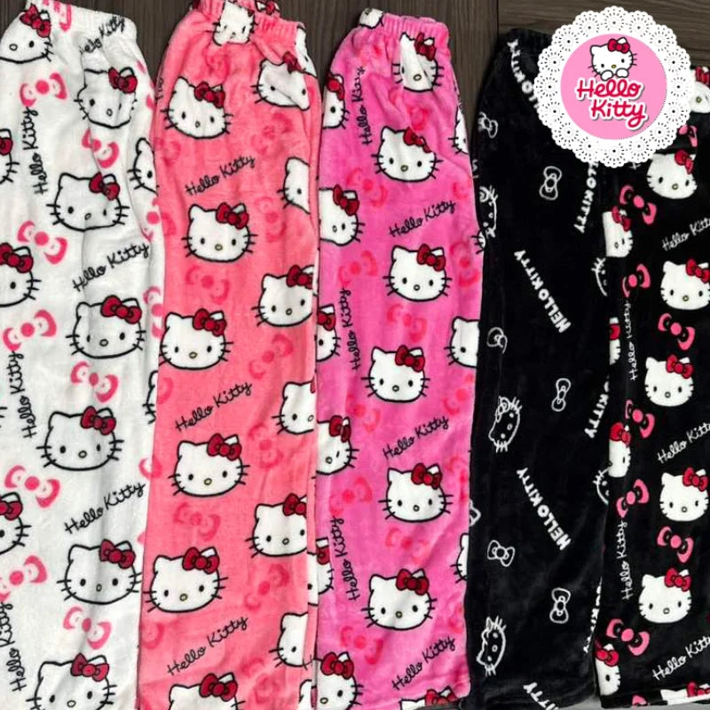 Hello Kitty Y2k Kawaii Flannel Pajama Pants Women Autumn Winter Warm Woolen Plush Lined Cartoon Partner Home Lounge Trousers