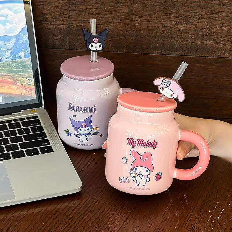 Cute Cartoon Hello Kittys My Melody Ceramic Cup Mug Cup with Lid Cup with Straw Good-Looking Household Coffee Cup Christmas Gift