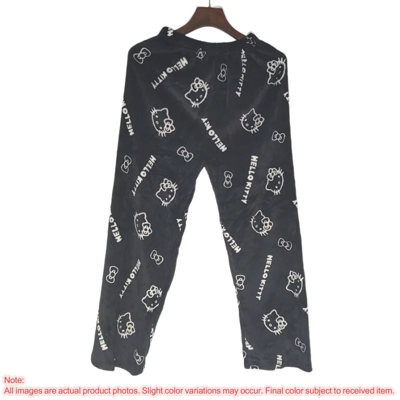 Hello Kitty Y2k Kawaii Flannel Pajama Pants Women Autumn Winter Warm Woolen Plush Lined Cartoon Partner Home Lounge Trousers