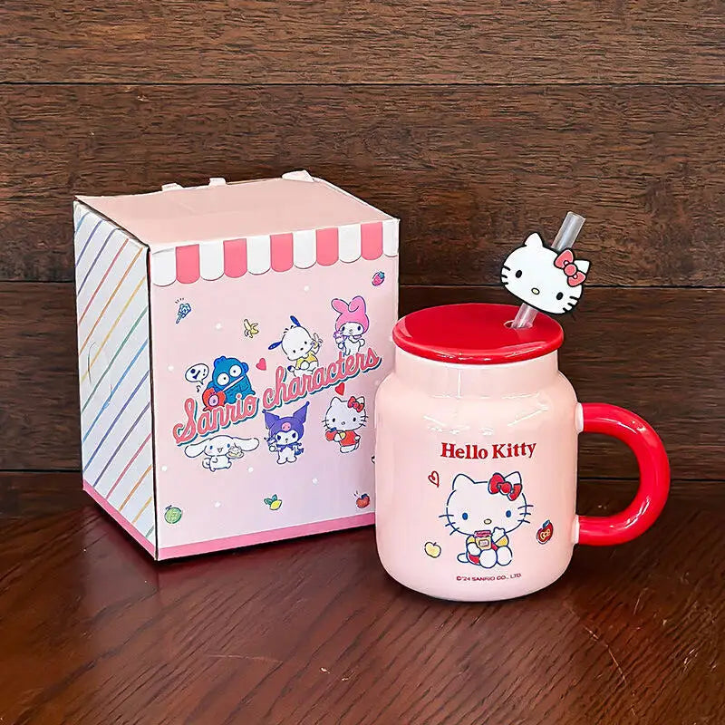 Cute Cartoon Hello Kittys My Melody Ceramic Cup Mug Cup with Lid Cup with Straw Good-Looking Household Coffee Cup Christmas Gift