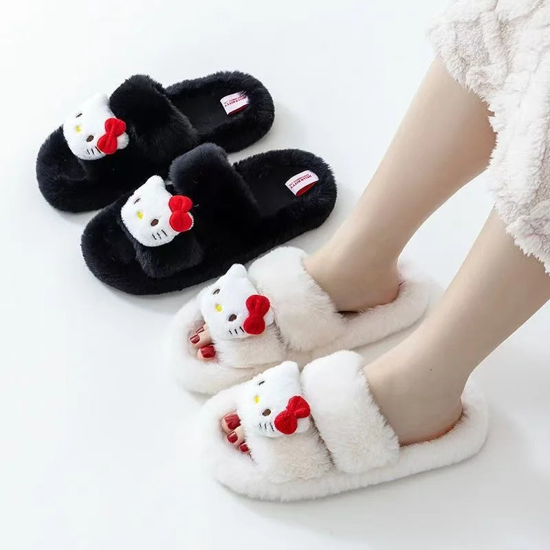 real photos 2025 autumn winter new Couple Home Female hello kitty Kuromi Cute doll fashion women warm fluffy cotton Slippers