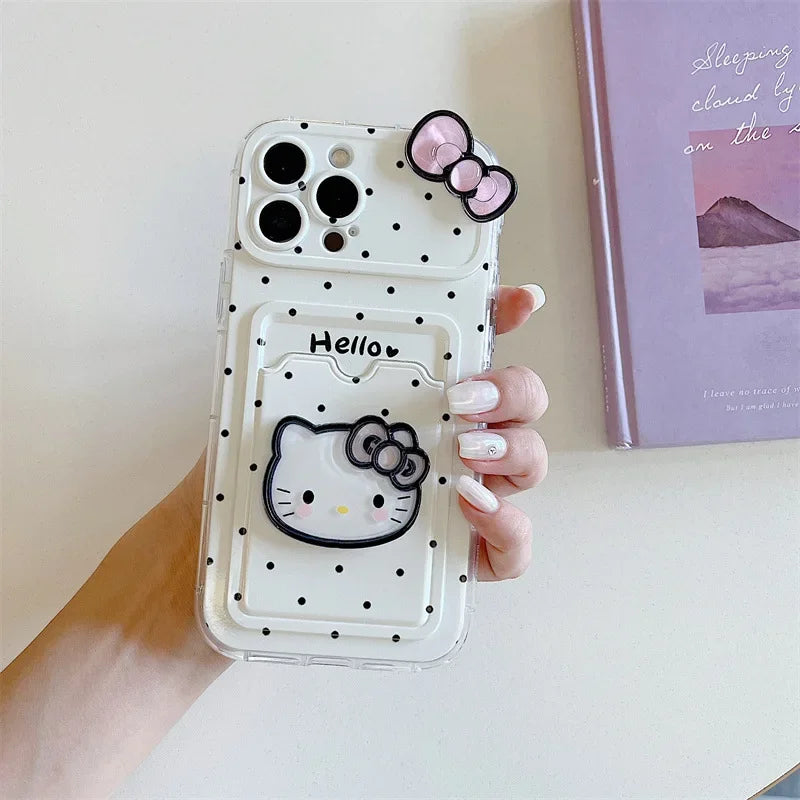 Kawaii Polka Dot Hello Kitty Bowknot Card Slot Bag Holder Phone Case For iPhone 13 15 16 14 Pro Max With Chain Anti-drop Cover