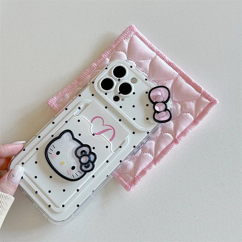 Kawaii Polka Dot Hello Kitty Bowknot Card Slot Bag Holder Phone Case For iPhone 13 15 16 14 Pro Max With Chain Anti-drop Cover