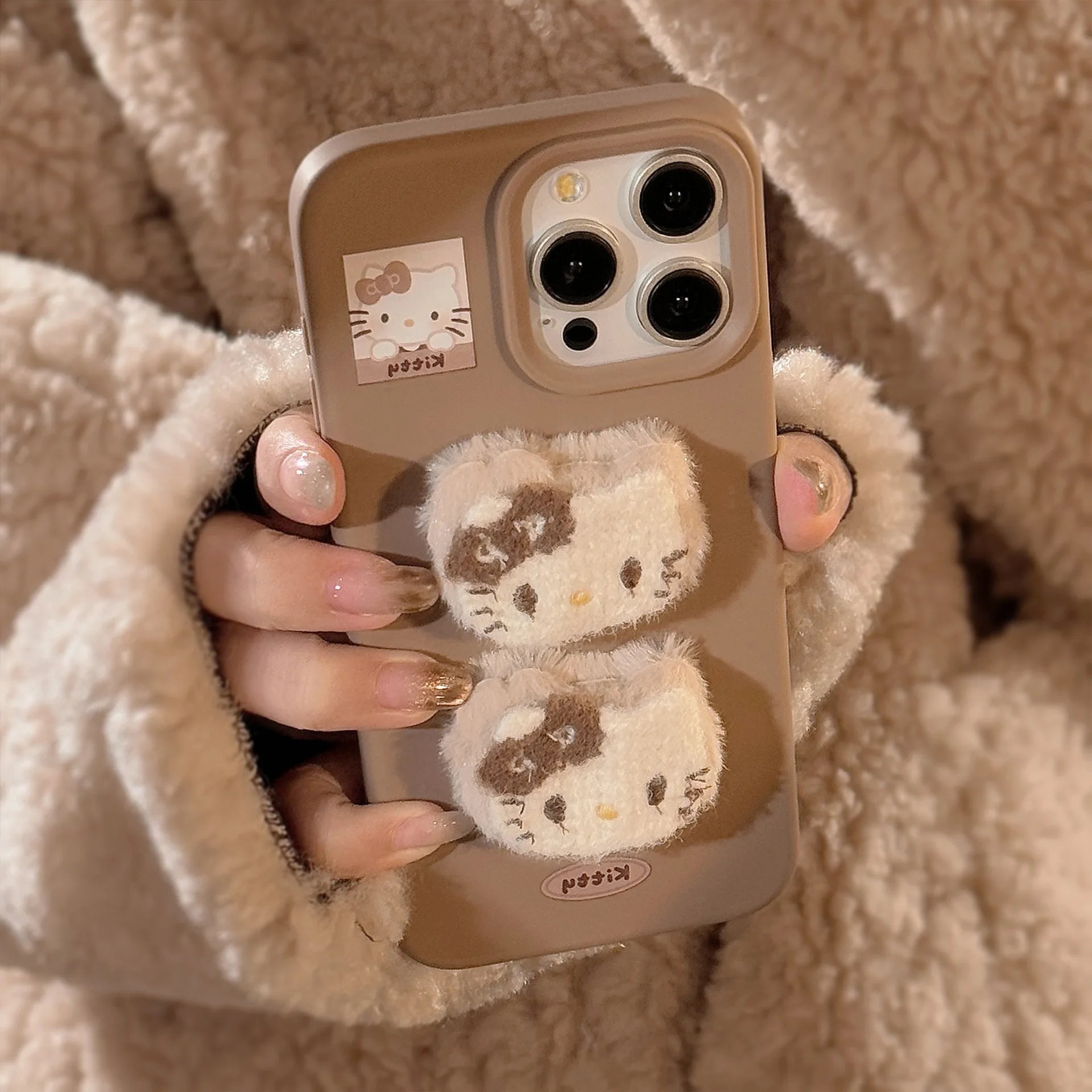 3D Plush Cartoon Hello Kitty Phone Case For iPhone 17 16 15 14 13 12 Pro Max With Hairball Bracelet Shockproof Protective Cover