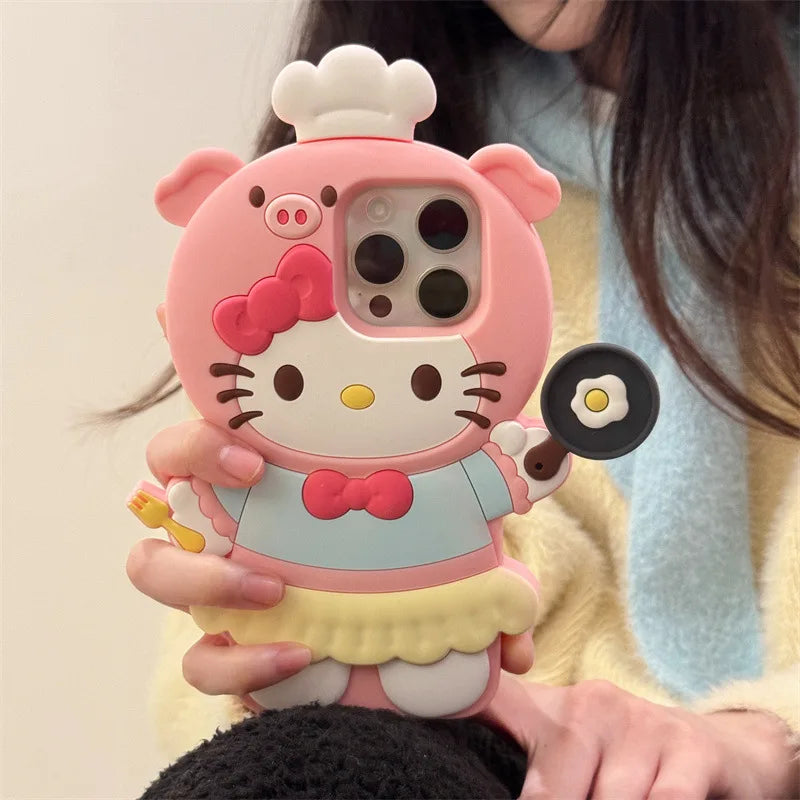 3D Kawaii Cute Cartoon Hello Kitty Chef Phone Case For iPhone 16 15 14 13 12 Pro Max Silicone Soft Shockproof Protective Cover