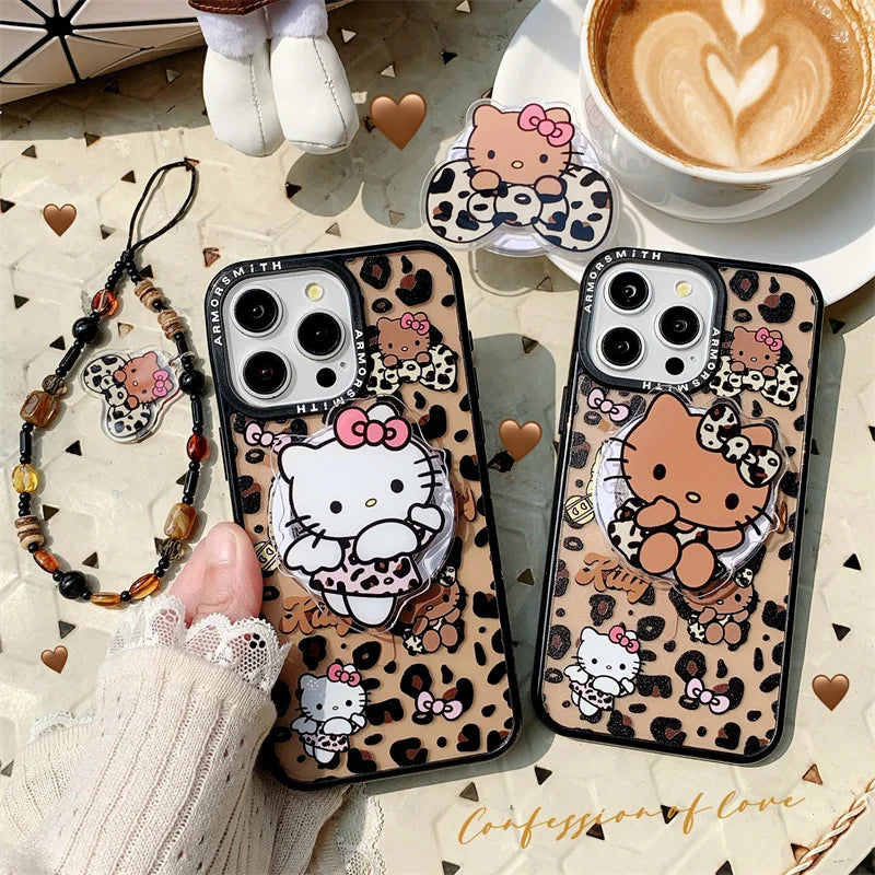 Cute Hello Kitty Leopard KT Magsafe Wireless Charge Case For iPhone 11 12 13 14 15 16 Pro Max Angel wings Bow KT Magnetic Holder