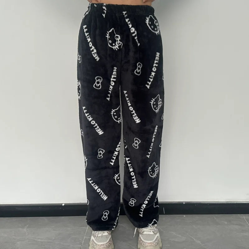 Hello Kitty Y2k Kawaii Flannel Pajama Pants Women Autumn Winter Warm Woolen Plush Lined Cartoon Partner Home Lounge Trousers