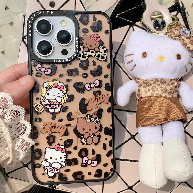 Cute Hello Kitty Leopard KT Magsafe Wireless Charge Case For iPhone 11 12 13 14 15 16 Pro Max Angel wings Bow KT Magnetic Holder