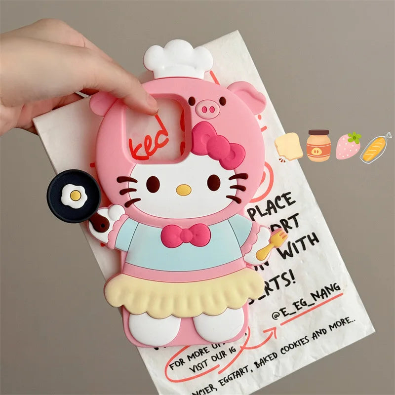 3D Kawaii Cute Cartoon Hello Kitty Chef Phone Case For iPhone 16 15 14 13 12 Pro Max Silicone Soft Shockproof Protective Cover