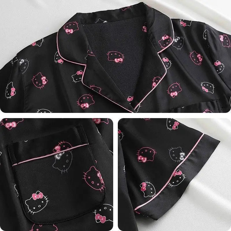 Hello Kittys New Style Ice Silk Short Sleeve Pajamas Fashion Girl Student Sanrio Summer Cartoon Outdoor Wear Home Clothes Suit