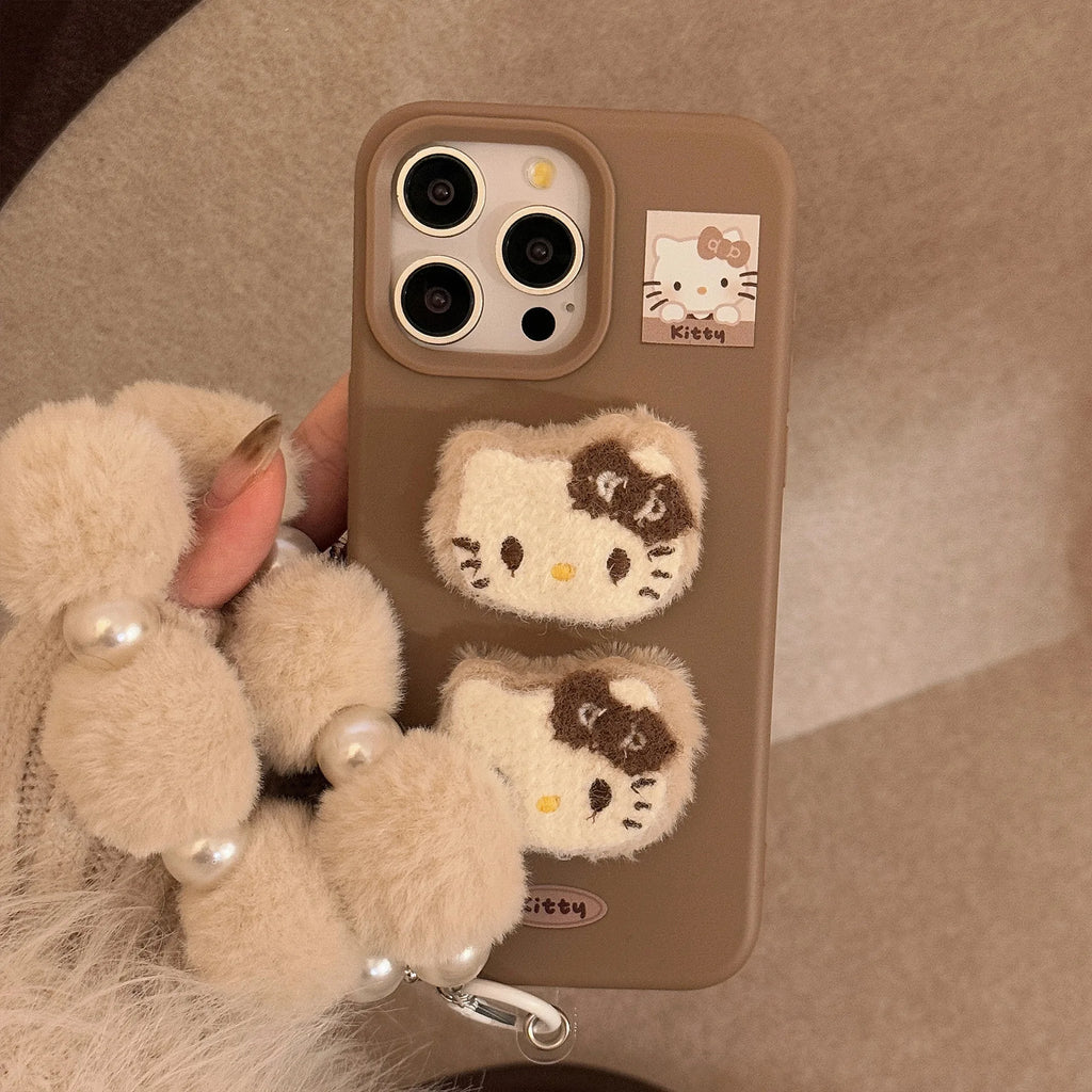 3D Plush Cartoon Hello Kitty Phone Case For iPhone 17 16 15 14 13 12 Pro Max With Hairball Bracelet Shockproof Protective Cover
