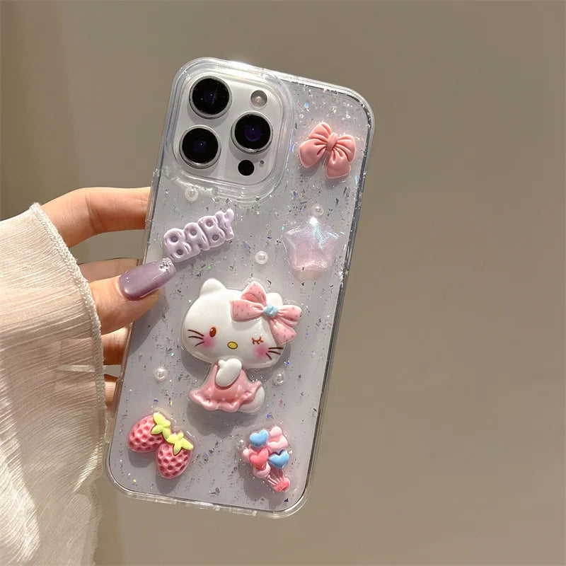 3D Cartoon Strawberry Hello Kitty Bowknot Drop Glue Glitter Phone Case For iPhone 17 Air 16 15 14 13 Pro Max Shockproof Cover