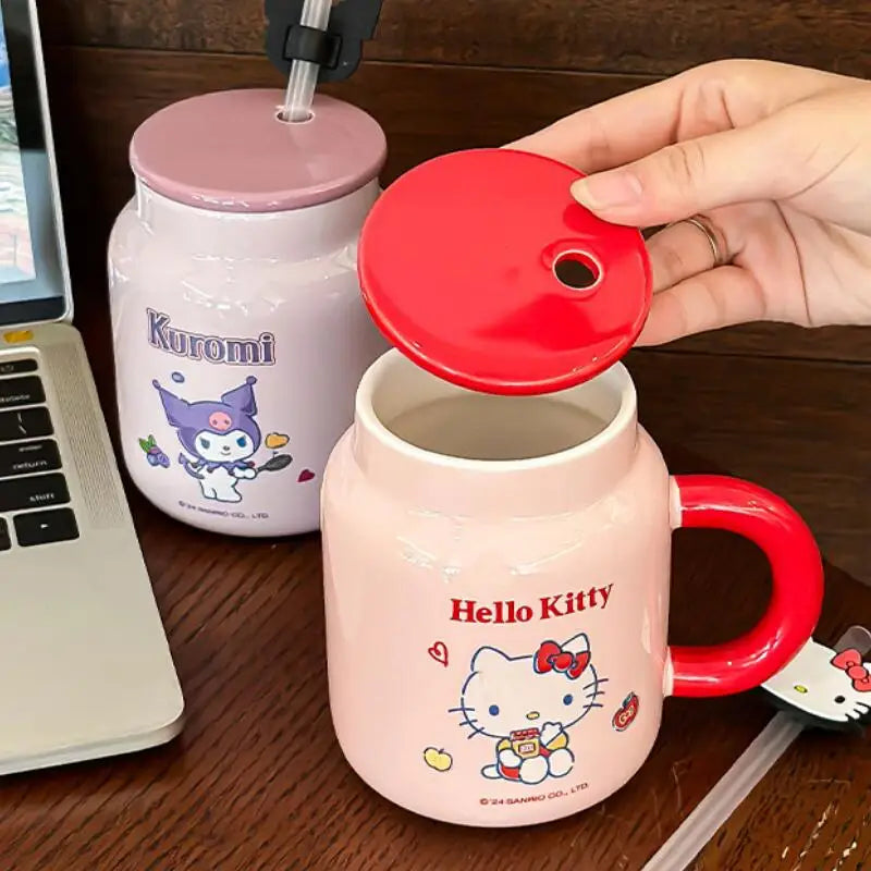 Cute Cartoon Hello Kittys My Melody Ceramic Cup Mug Cup with Lid Cup with Straw Good-Looking Household Coffee Cup Christmas Gift