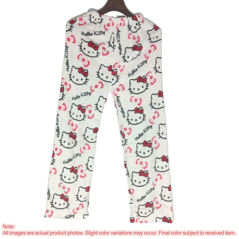 Hello Kitty Y2k Kawaii Flannel Pajama Pants Women Autumn Winter Warm Woolen Plush Lined Cartoon Partner Home Lounge Trousers