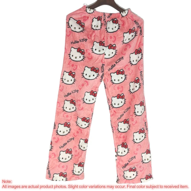 Hello Kitty Y2k Kawaii Flannel Pajama Pants Women Autumn Winter Warm Woolen Plush Lined Cartoon Partner Home Lounge Trousers