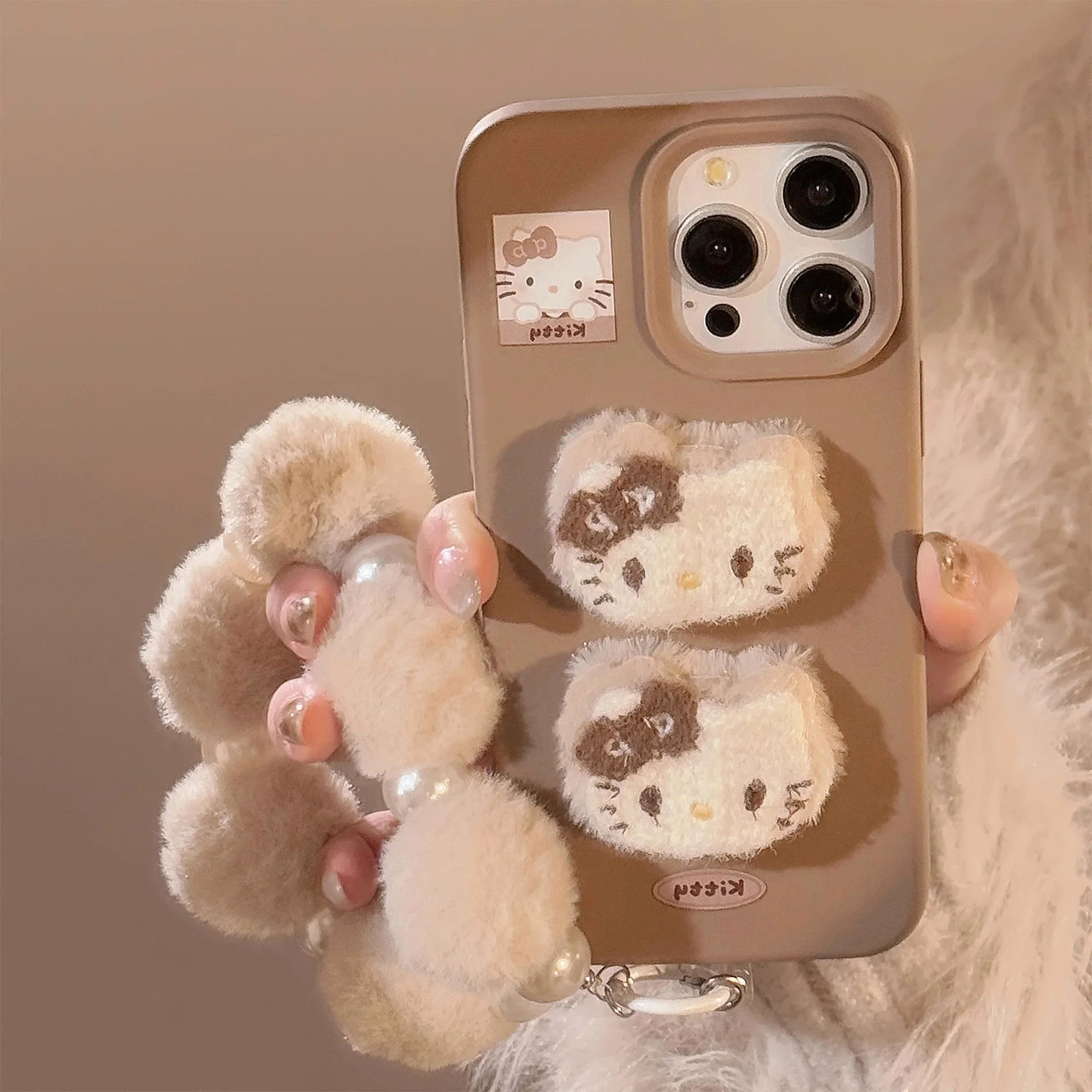 3D Plush Cartoon Hello Kitty Phone Case For iPhone 17 16 15 14 13 12 Pro Max With Hairball Bracelet Shockproof Protective Cover