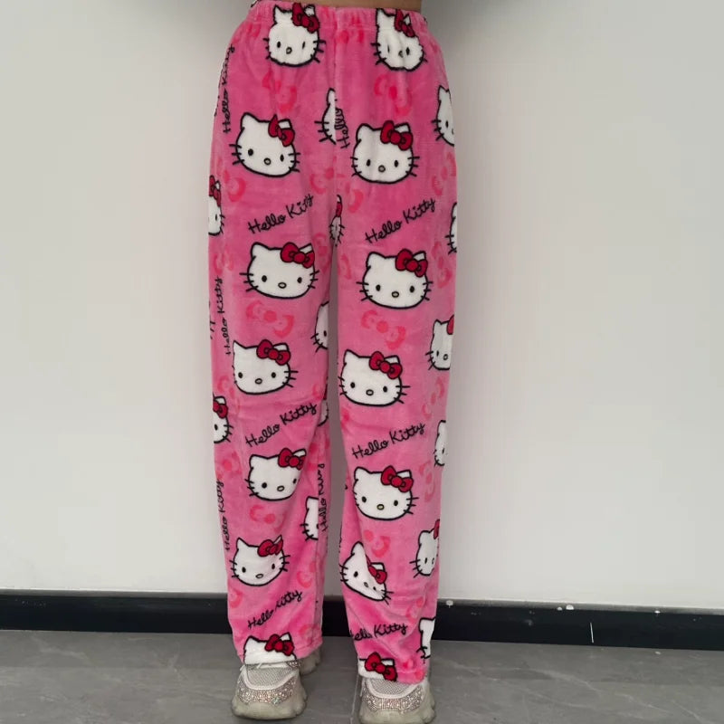 Hello Kitty Y2k Kawaii Flannel Pajama Pants Women Autumn Winter Warm Woolen Plush Lined Cartoon Partner Home Lounge Trousers