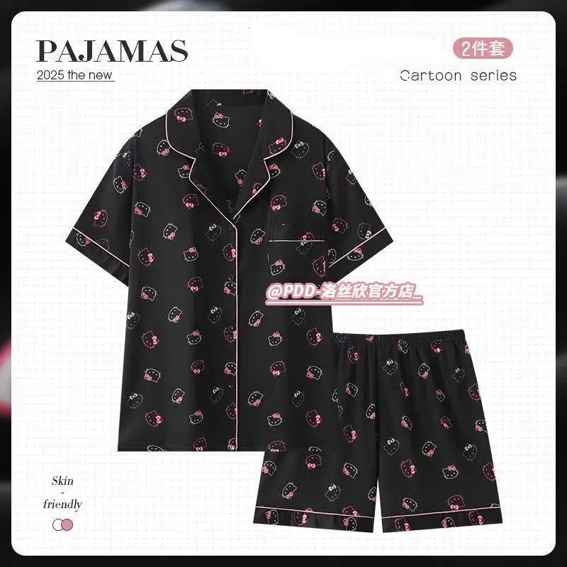 Hello Kittys New Style Ice Silk Short Sleeve Pajamas Fashion Girl Student Sanrio Summer Cartoon Outdoor Wear Home Clothes Suit