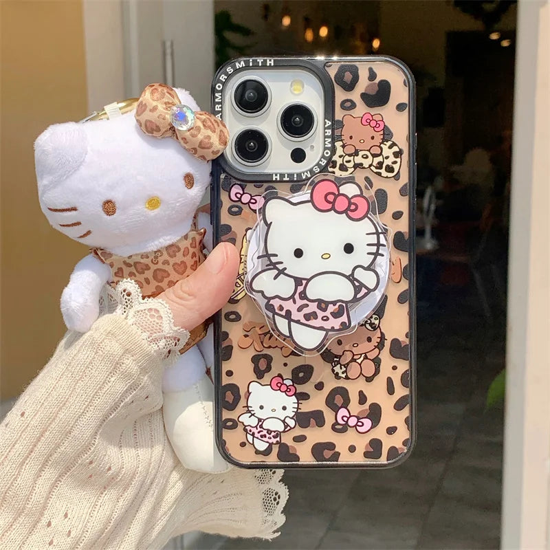 Cute Hello Kitty Leopard KT Magsafe Wireless Charge Case For iPhone 11 12 13 14 15 16 Pro Max Angel wings Bow KT Magnetic Holder