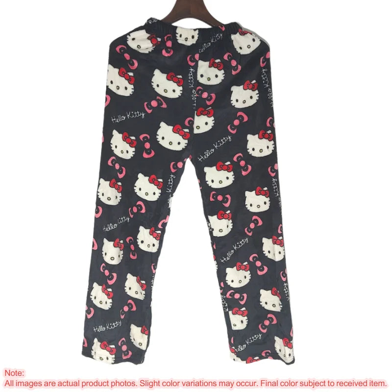 Hello Kitty Y2k Kawaii Flannel Pajama Pants Women Autumn Winter Warm Woolen Plush Lined Cartoon Partner Home Lounge Trousers