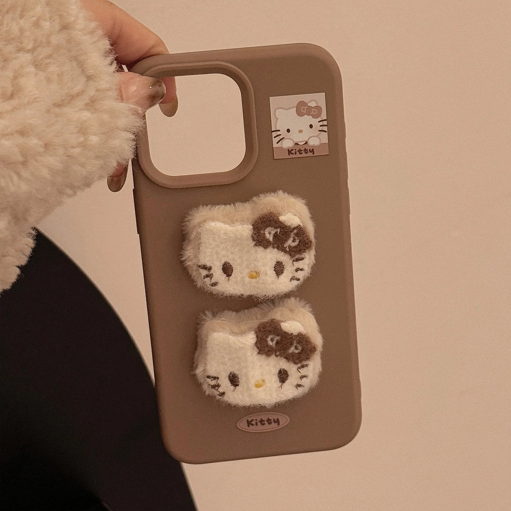 3D Plush Cartoon Hello Kitty Phone Case For iPhone 17 16 15 14 13 12 Pro Max With Hairball Bracelet Shockproof Protective Cover