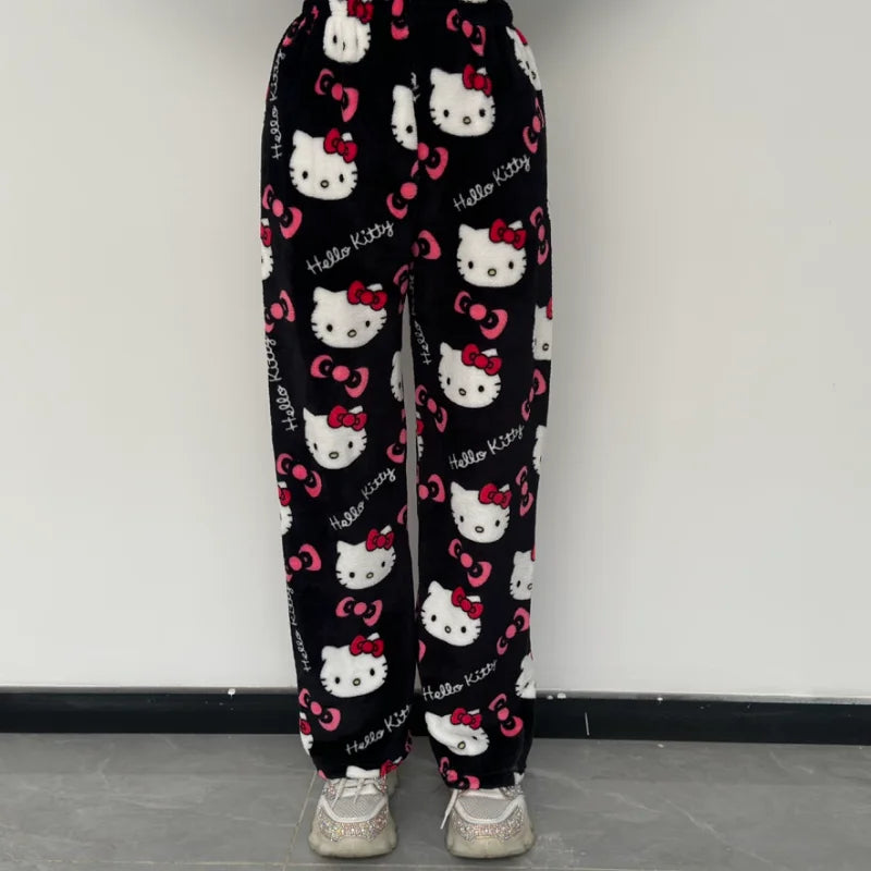 Hello Kitty Y2k Kawaii Flannel Pajama Pants Women Autumn Winter Warm Woolen Plush Lined Cartoon Partner Home Lounge Trousers