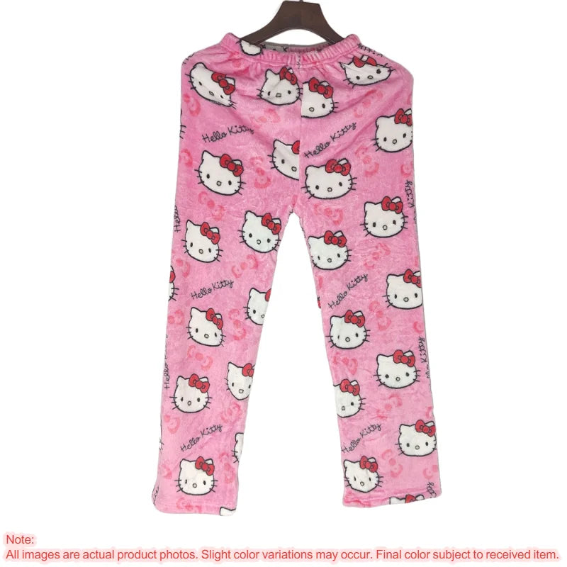 Hello Kitty Y2k Kawaii Flannel Pajama Pants Women Autumn Winter Warm Woolen Plush Lined Cartoon Partner Home Lounge Trousers
