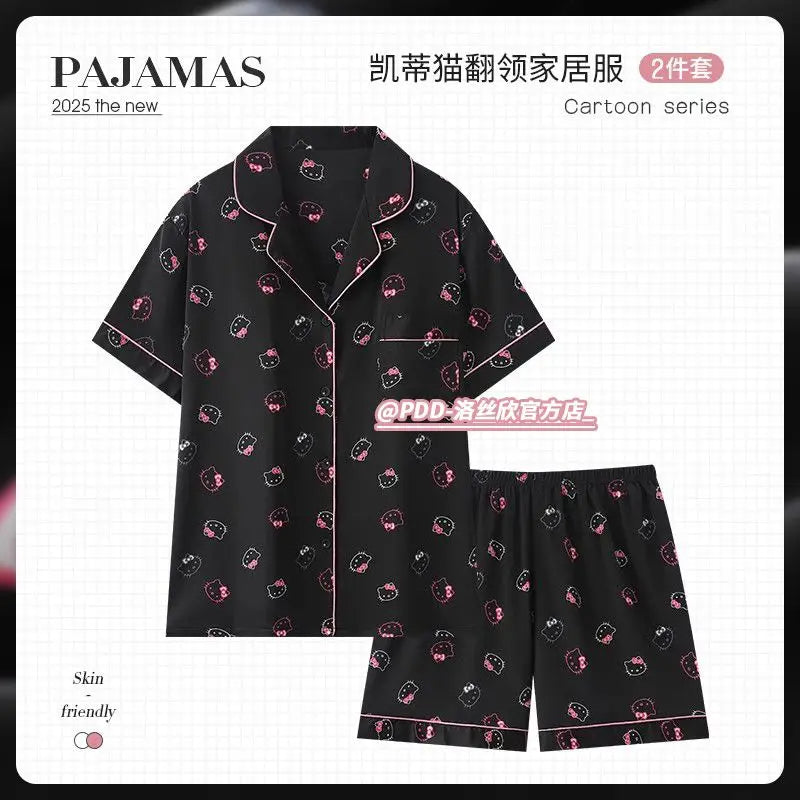 Hello Kittys New Style Ice Silk Short Sleeve Pajamas Fashion Girl Student Sanrio Summer Cartoon Outdoor Wear Home Clothes Suit
