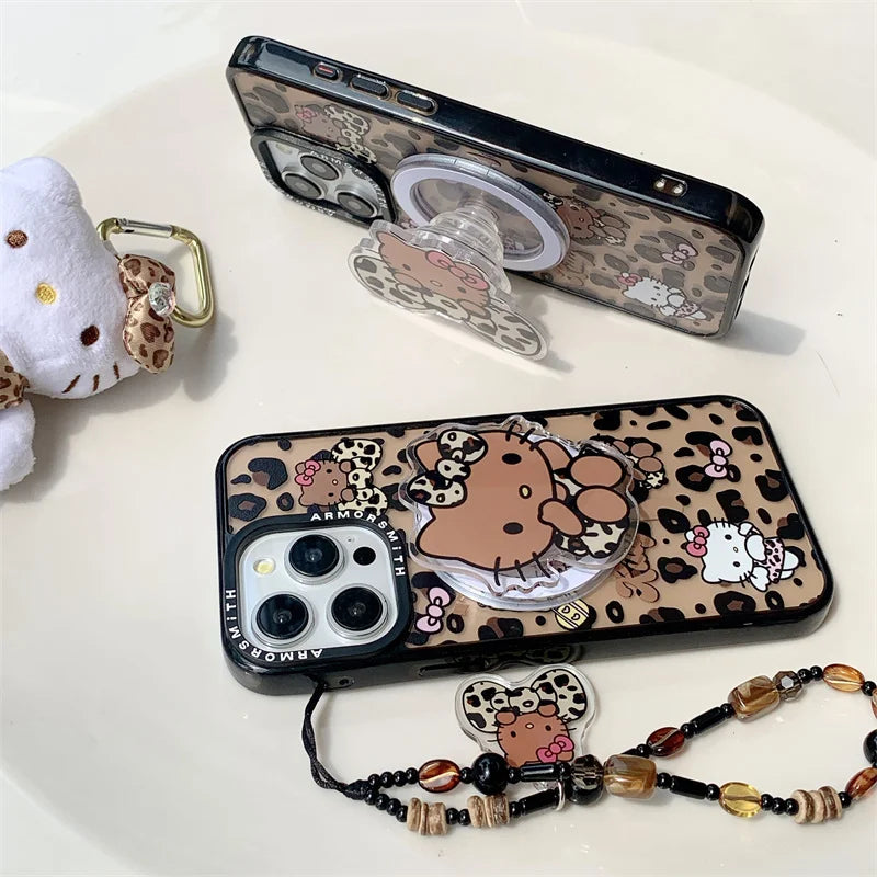 Cute Hello Kitty Leopard KT Magsafe Wireless Charge Case For iPhone 11 12 13 14 15 16 Pro Max Angel wings Bow KT Magnetic Holder