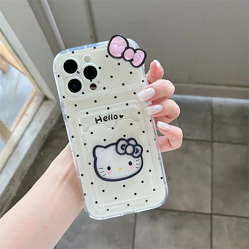 Kawaii Polka Dot Hello Kitty Bowknot Card Slot Bag Holder Phone Case For iPhone 13 15 16 14 Pro Max With Chain Anti-drop Cover