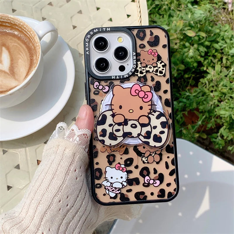 Cute Hello Kitty Leopard KT Magsafe Wireless Charge Case For iPhone 11 12 13 14 15 16 Pro Max Angel wings Bow KT Magnetic Holder
