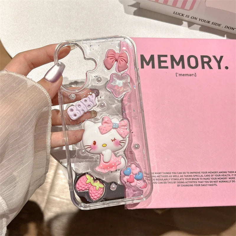 3D Cartoon Strawberry Hello Kitty Bowknot Drop Glue Glitter Phone Case For iPhone 17 Air 16 15 14 13 Pro Max Shockproof Cover
