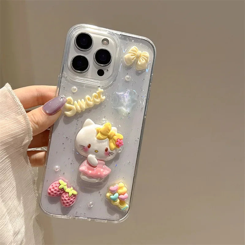 3D Cartoon Strawberry Hello Kitty Bowknot Drop Glue Glitter Phone Case For iPhone 17 Air 16 15 14 13 Pro Max Shockproof Cover