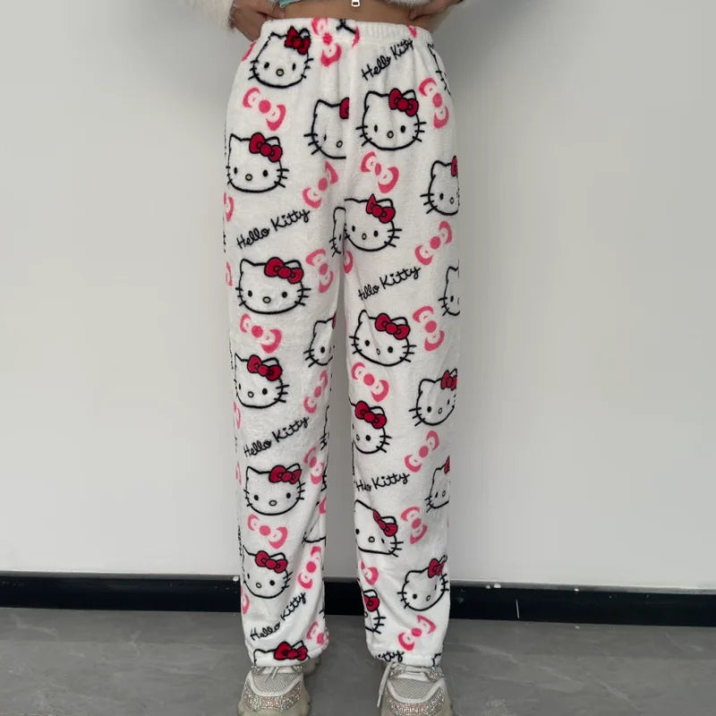 Hello Kitty Y2k Kawaii Flannel Pajama Pants Women Autumn Winter Warm Woolen Plush Lined Cartoon Partner Home Lounge Trousers