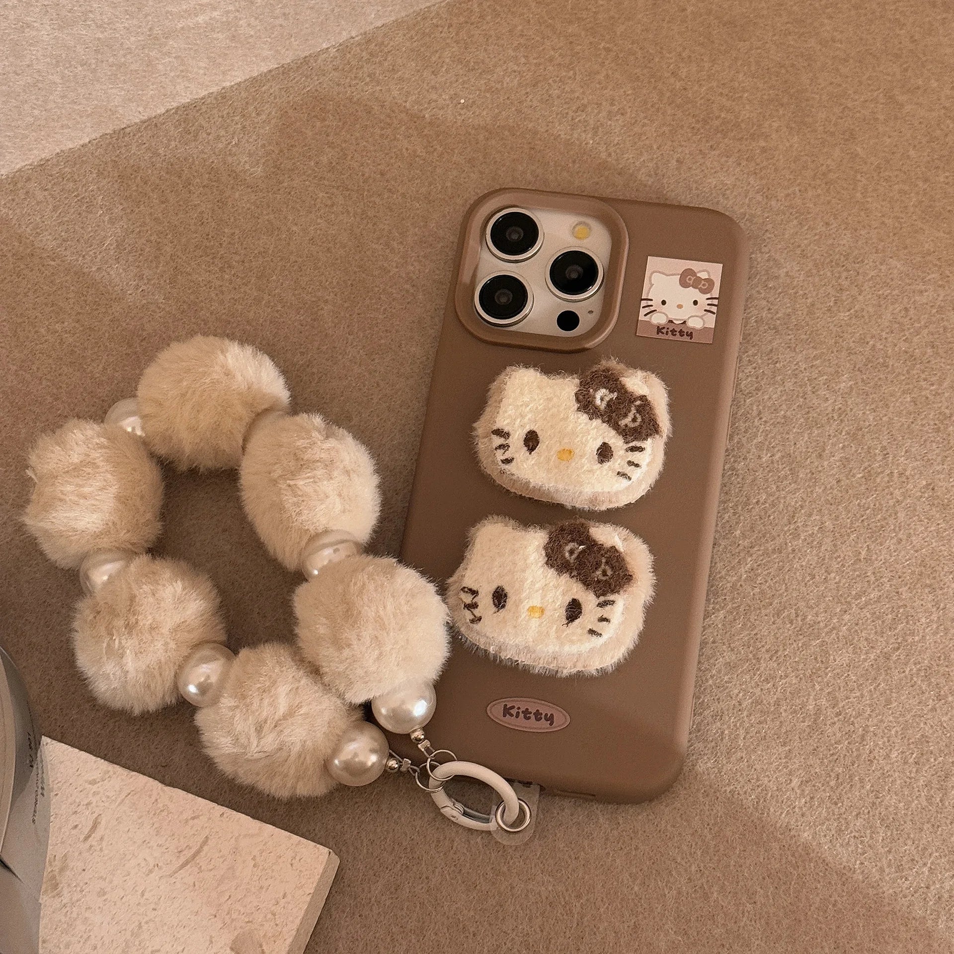 3D Plush Cartoon Hello Kitty Phone Case For iPhone 17 16 15 14 13 12 Pro Max With Hairball Bracelet Shockproof Protective Cover