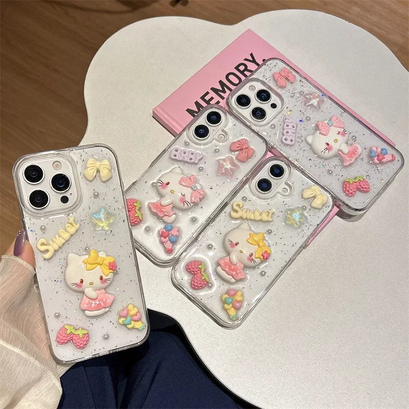 3D Cartoon Strawberry Hello Kitty Bowknot Drop Glue Glitter Phone Case For iPhone 17 Air 16 15 14 13 Pro Max Shockproof Cover