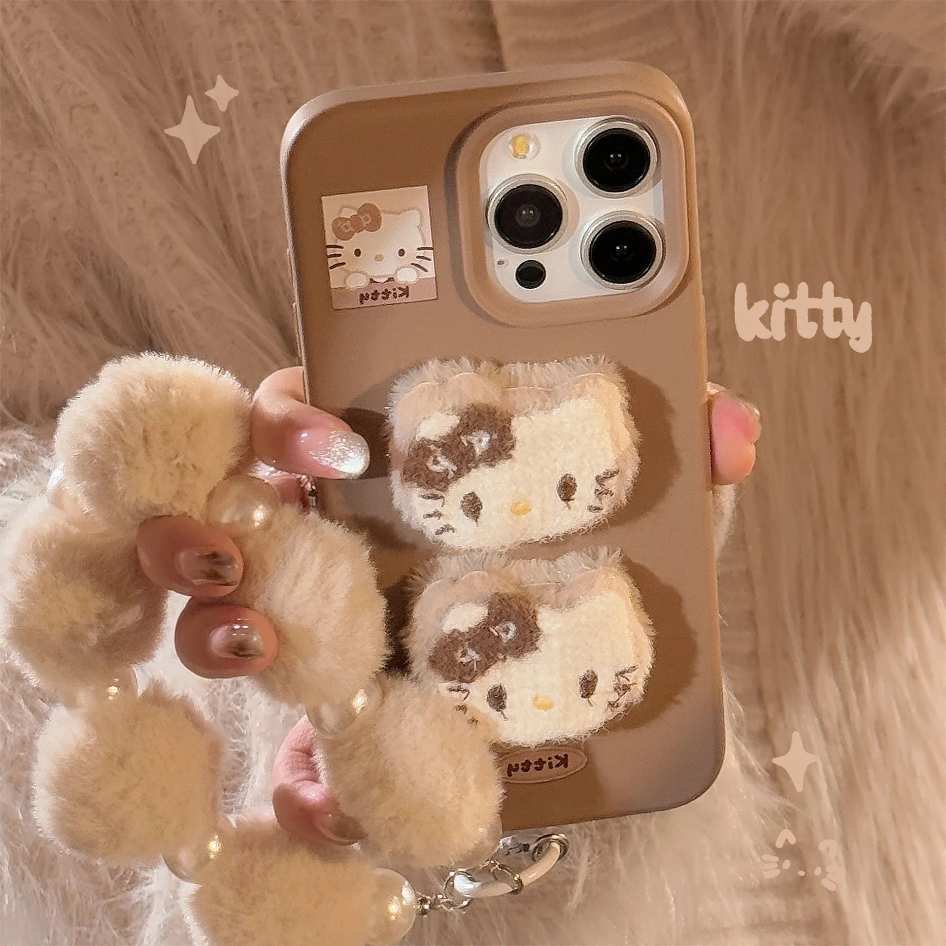 3D Plush Cartoon Hello Kitty Phone Case For iPhone 17 16 15 14 13 12 Pro Max With Hairball Bracelet Shockproof Protective Cover