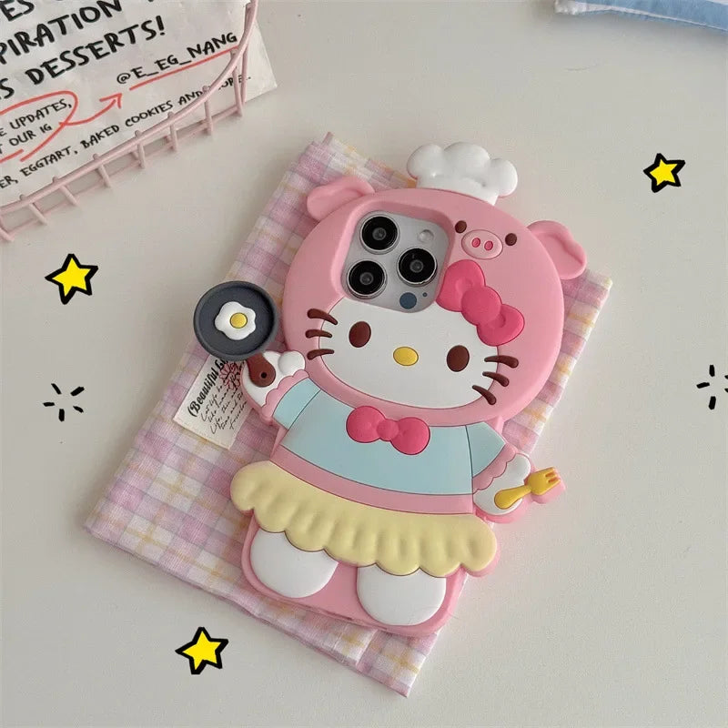 3D Kawaii Cute Cartoon Hello Kitty Chef Phone Case For iPhone 16 15 14 13 12 Pro Max Silicone Soft Shockproof Protective Cover